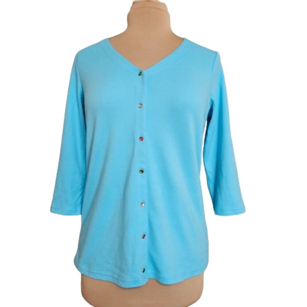 NEW Quacker Factory Top Womens XS Blue Beaded Button Front 3/4 Sleeve Grannycore
